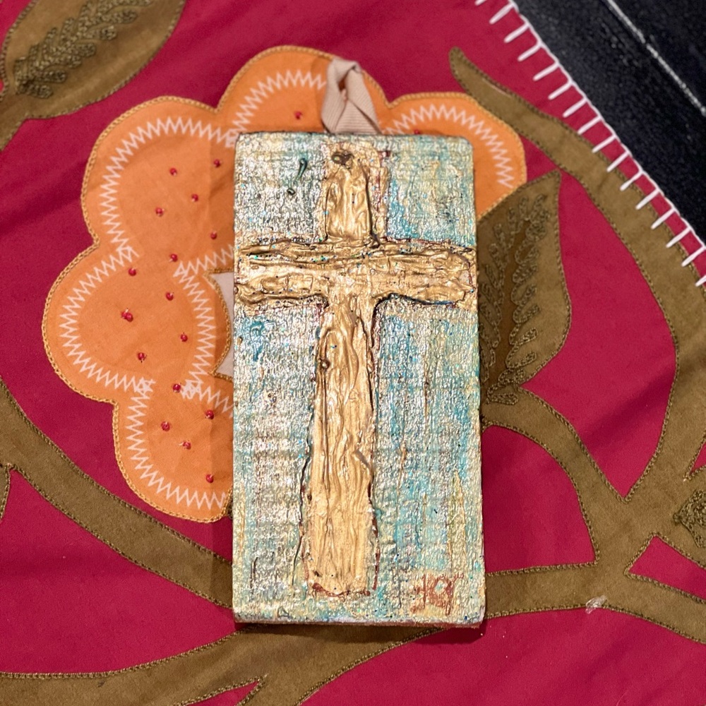 Cross hand painted on distressed wood with a ribbon hanger New local artist